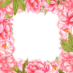 Handdrawn Watercolor pink, red and cream peony flowers frame with green leaves and buds on the white background. Scrapbook design, wedding invitation, label, banner, post card.
