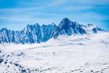 View of majestic and jagged mountains of Thompson Pass near Valdez in Alaska
