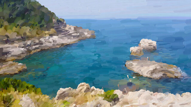 Sorrento, panoramic view of beautiful beach, called Capo di Sorrento, Italy. Summer landscape, mediterranean view, nature. Oil painting colorful flowers and stones, summer seascape.