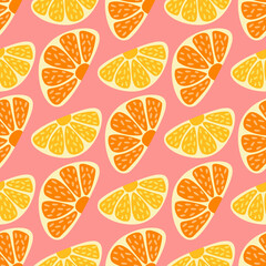 Seamless pattern of oranges and lemons on pink. Trendy hand-drawn vector stylised sliced fruit. Childish summertime concept. Crazy coloured citrus wallpaper design for web banner, wrapping and print.