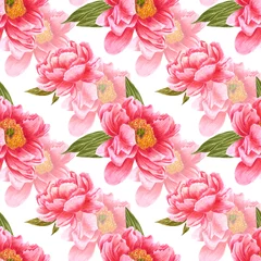 Tuinposter Handdrawn peony flowers seamless pattern. Watercolor red peony with green leaves on the white background. Scrapbook design, typography poster, label, banner, textile. © Aleksandra Shvetsova
