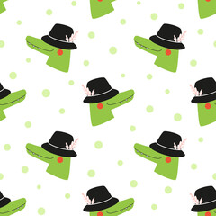 Cute seamless pattern with green baby crocodile in funny hat