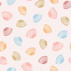 Cute seamless summer vector pattern with colorful seashells hand drawn in sketch style