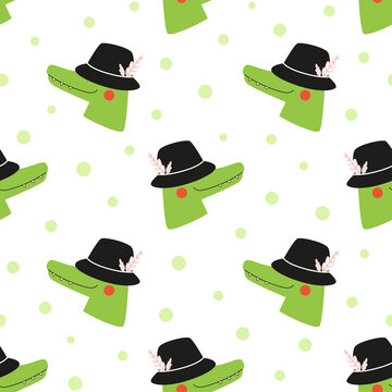 Cute Seamless Pattern With Green Baby Crocodile In Funny Hat