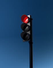 traffic light with working red signal isolated on blue sky background. Stop signals. Mock-up or source. 3d render