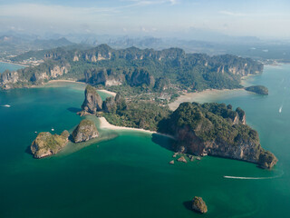 Aerial view of the big limestone island of Phra Nang beach in Krabi, Thailand