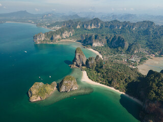 Aerial view of the big limestone island of Phra Nang beach in Krabi, Thailand