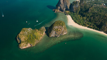 Aerial view of the big limestone island of Phra Nang beach in Krabi, Thailand