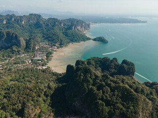 Aerial view of the big limestone island of Phra Nang beach in Krabi, Thailand