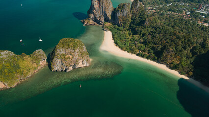 Aerial view of the big limestone island of Phra Nang beach in Krabi, Thailand
