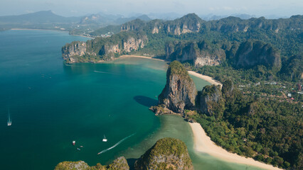 Aerial view of the big limestone island of Phra Nang beach in Krabi, Thailand