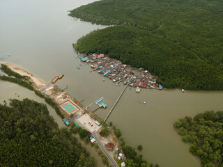 Aerial view of a small fishing town in the mangrove jungle