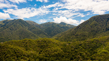 Aerial drone of Mountains covered rainforest, trees and blue sky with clouds. Sri Lanka.