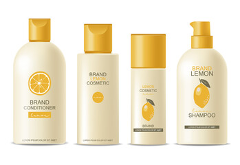 Realistic package for hair cosmetics set. Container lotion, shampoo, conditioner, cream, mask bottle mockup isolated vector, package bottle cosmetics set, lemon plastic bottle collection