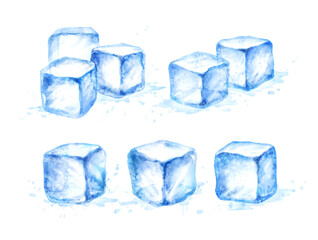 Watercolor hand drawn illustration set of Ice Cubes