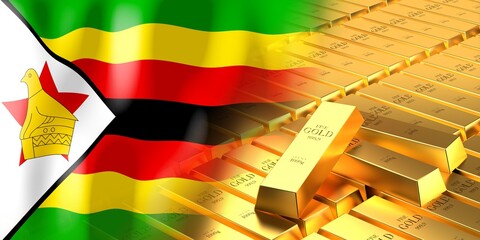 Zimbabwe flag and gold ingots - 3D illustration