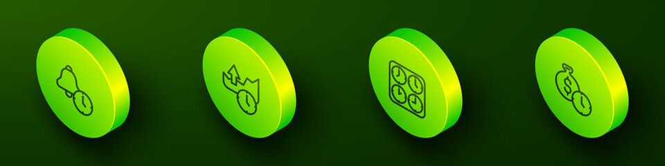 Set Isometric line Alarm clock, Stocks market growth graphs, Time zone clocks and is money icon. Vector