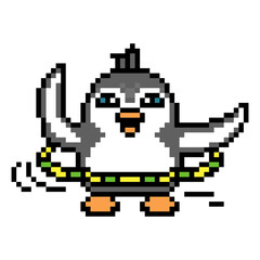 Penguin twirling a Hula hoop toy, pixel art animal character isolated on white background. Old school retro 80s, 90s 8 bit slot machine, computer, video game graphics. Cartoon sport activity mascot.