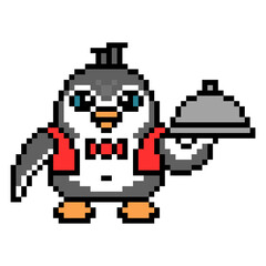 Fototapeta premium Penguin waiter with a cloche, cute pixel art animal character isolated on white background. Old school retro 80s, 90s 8 bit slot machine, computer, video game graphics. Cartoon restaurant mascot.