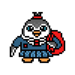 Penguin schoolgirl in uniform with a backpack, pixel art animal character isolated on white background. Old school retro 80s, 90s 8 bit slot machine, video game graphics. Cartoon student girl mascot.