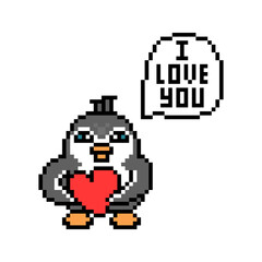 Obraz premium Penguin holds a big red heart and says 