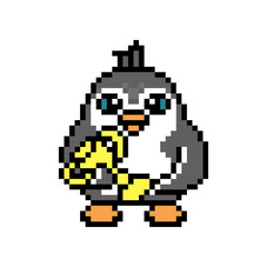 Penguin with a golden winners' cup, pixel art animal character isolated on white background. Old school retro 80's-90's 8 bit slot machine, video game graphics. Cartoon champion mascot. Trophy symbol.
