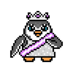 Fototapeta premium Beauty queen penguin in a sash, sparkly dress and silver diadem, pixel art character on white. Retro video game graphics. Prom girl. Beauty pageant mascot. Coronation ceremony. Contest winner reward.