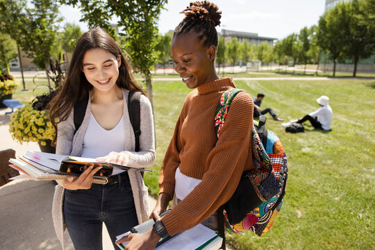 Young female college students with textbook on sunny campus