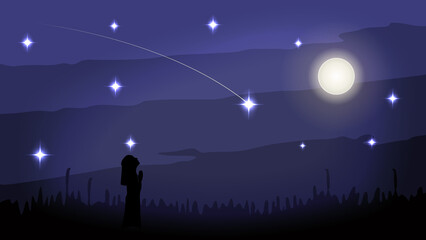 Silhouette of child look at the stars in the night sky. Vector illustration