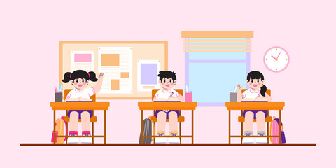 Happy Kids Sit at Table And Study In Classroom, Vector, Illustration