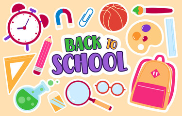 Stationery With Back To School Banner, Sticker, Vector, Illustration