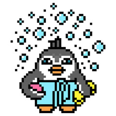 Penguin wrapped in a towel holding a bar soap and sponge after taking a bath or a shower with bubbles around, pixel art animal character on white.Retro 80s-90s 8 bit slot machine, video game graphics.