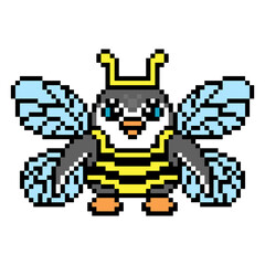 Penguin in a bee carnival costume, cute pixel art animal character isolated on white background. Old school retro 80s, 90s 8 bit slot machine, computer, video game graphics. Dress up party mascot.