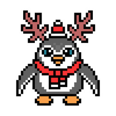 Penguin in Santa' hat and scarf wearing deer horns, pixel art character isolated on white background. Christmas mascot. Retro 80's-90's 8 bit video game graphics. Winter holidays costume party logo.