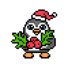 Fototapeta premium Penguin in Santa' hat holding a holly branch with 3 berries, pixel art character isolated on white background. Christmas mascot. Retro vintage 80's-90's 8 bit video game graphics. Winter Holiday logo.