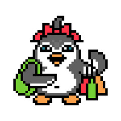 Obraz premium Penguin woman with a purse and many shopping bags, pixel art animal character isolated on white background. Old school retro 80s, 90s 8 bit slot machine, video game graphics. Cartoon customer mascot.