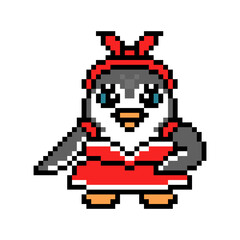 Fototapeta premium Penguin woman in 40s pin-up style dress and headband, pixel art animal character isolated on white background. Old school retro 80s, 90s 8 bit slot machine, video game graphics. Cartoon girl mascot.