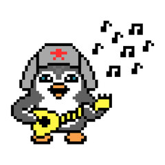 Penguin in ushanka-hat playing balalaika and singing, pixel art animal character isolated on white background. Old school retro 80s, 90s 8 bit slot machine, video game graphics. Cartoon Russia mascot.