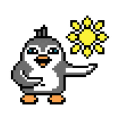 Obraz premium Penguin weatherman, hot sunny weather forecast, pixel art animal character isolated on white background. Old school retro 80s, 90s 8 bit slot machine, video game graphics. Cartoon summer mascot.