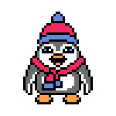 Obraz premium Happy penguin in a hat and scarf on a walk, pixel art animal character isolated on white background. Old school retro 80s, 90s 8 bit slot machine, computer, video game graphics. Cartoon winter mascot.