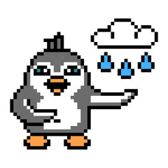 Obraz premium Penguin weatherman, cloudy and rainy weather forecast, pixel art animal character isolated on white background. Old school retro 80s, 90s 8 bit slot machine, video game graphics. Cartoon autumn mascot