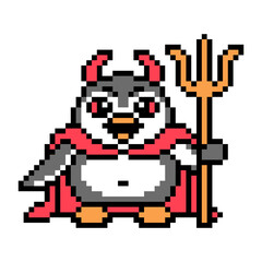 Horned devil penguin in a cape with a trident, pixel art animal character on white. Old school 80s, 90s 8 bit slot machine, video game graphics. Cartoon Halloween mascot. Evil demon with a fork logo.