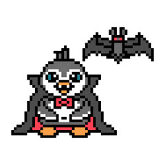Fototapeta premium Penguin vampire in a cape and a bat, pixel art animal character isolated on white background. Old school retro 80s, 90s 8 bit slot machine, video game graphics. Cartoon Halloween mascot. Party costume