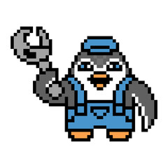 Fototapeta premium Penguin repairman in uniform with an adjustable wrench, pixel art animal character on white background. Old school retro 80s, 90s 8 bit slot machine, video game graphics. Cartoon repair service mascot