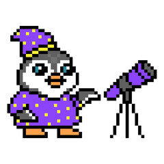 Fototapeta premium Penguin astronomer in a mantle and cap with a telescope, pixel art animal character on white. Old school retro 80s, 90s 8 bit slot machine, video game graphics. Cartoon science mascot. Astronomy logo.