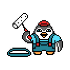 Penguin wall decorator in uniform with a paint roller and paint tray, pixel art animal character on white background. Old school retro 80s, 90s 8 bit slot machine, video game graphics. Cartoon mascot.