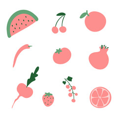 Abstract simple red fruit and vegetables set, vegeterian food collection. Fresh doodle kids cherry, apple beetroot berries watermelon tomato pomegranate chilli healthy menu pattern vector illustration
