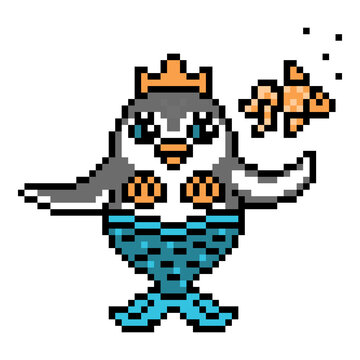 Penguin mermaid in a crown playing with a pet fish, pixel art animal character on white. Vintage retro 80s-90s 8 bit slot machine, video game graphics. Cartoon water nymph mascot. Princess undine logo