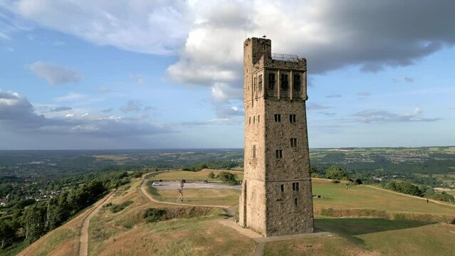 Ariel footage of Castle Hill is a ancient monument in Almondbury overlooking Huddersfield in the Metropolitan Borough of Kirklees, West Yorkshire. Shot at sunset.
