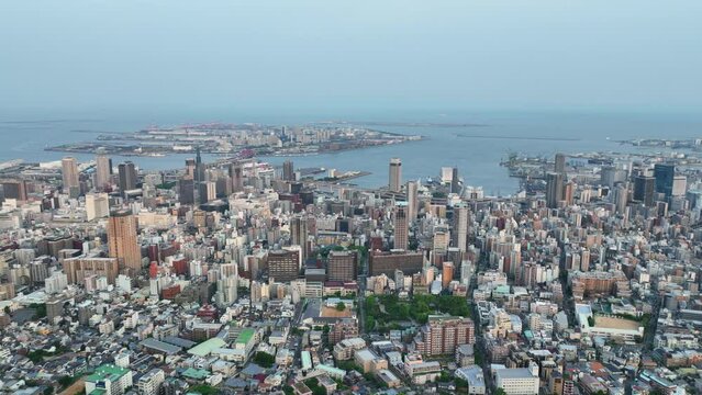 Aerial view of downtown Kobe and Sannomiya district in afternoon